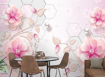 3D Фотообои «Розовые фарфоровые цветы с жемчужинами»