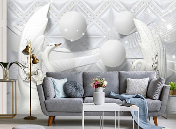 3D Фотообои «Керамические лебеди с белыми шарами»