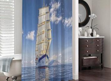 3D штора в ванную комнату «Корабль в море»