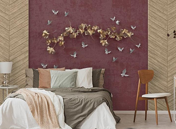 3D Фотообои «Серебряные птички над золотыми зонтиками» — стиль и качество для вашего интерьера