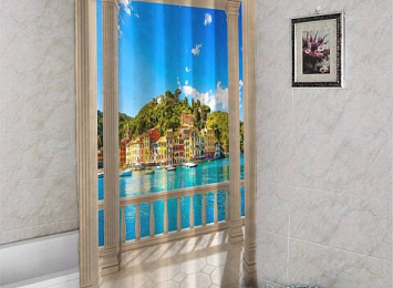 3D штора в ванную комнату «Балкон с видом на средиземноморский город»