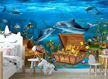 3D Фотообои «Дельфины кладоискатели»