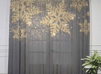 3D Тюль на окна "Композиция с золотыми снежинками"