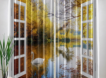 Фотошторы «Вид из окна на озеро с лебедями»