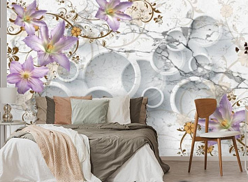 3D Фотообои «Лилии с объемными кругами на мраморе» — стиль и качество для вашего интерьера