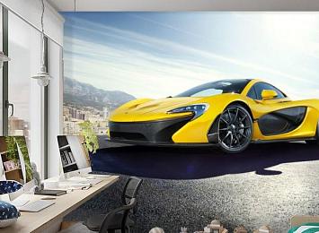 3D Фотообои «Желтый спортивный автомобиль в лучах солнца»