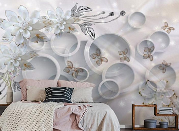 3D Фотообои «Объемные круги с драгоценными цветами и бабочками»