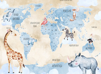 Фотообои «Голубая карта с животными на бежевом»