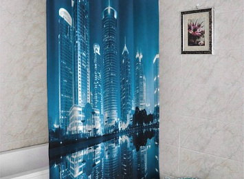 3D штора в ванную комнату «Неоновые огни ночного города»