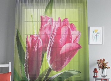 Оконный 3D тюль "Тюльпаны на зеленом фоне"