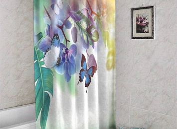 3D штора для ванной «Бабочки под орхидеей»