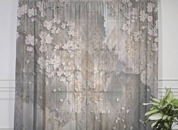 Оконный 3D тюль "Ветви сакуры на винтажном фоне"