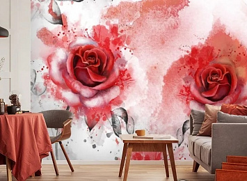 3D Фотообои «Алые розы в акварельной дымке»