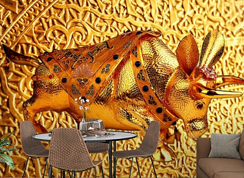 3D Фотообои «Декорация с золотым быком в испанском стиле»