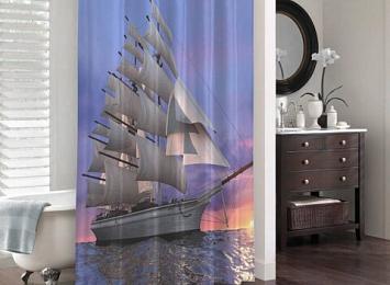 3D занавеска в ванную комнату «Парусный корабль на закате»