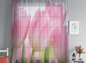 3D Тюль на окна "Крупные розовые тюльпаны"