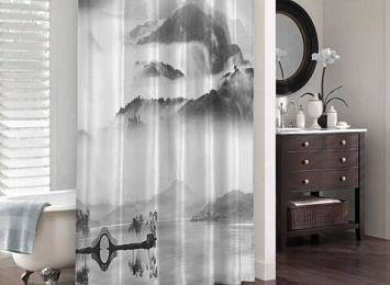3D штора в ванную комнату «Туманный пейзаж»