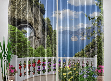 Фотошторы «Античный балкон с видом на парусники в заливе»