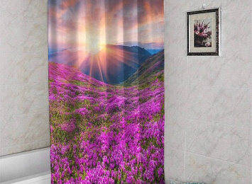 3D шторка для ванной «Рассвет на цветочной поляне»