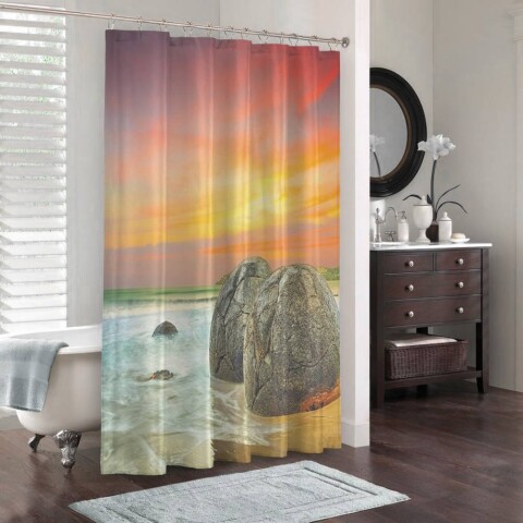 картинка 3D штора в ванную комнату «Камни на закате» | интернет-магазин фотообоев ARTDECO