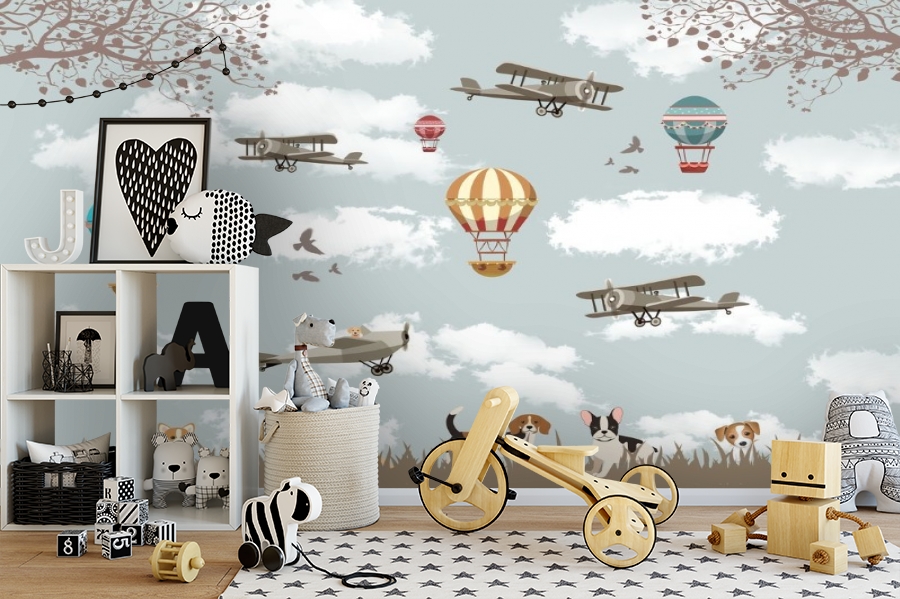 картинка 3D Фотообои «Воздушные шары с собачками» | интернет-магазин фотообоев ARTDECO
