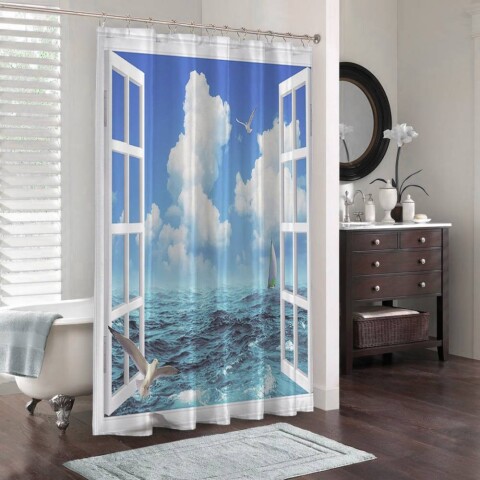картинка 3D штора в ванную комнату «Распахнутое в море окно» | интернет-магазин фотообоев ARTDECO