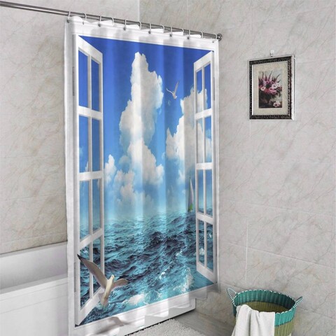 картинка 3D штора в ванную комнату «Распахнутое в море окно» | интернет-магазин фотообоев ARTDECO