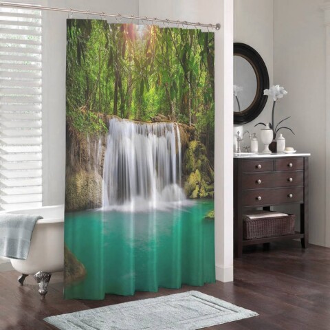 картинка 3D занавеска для ванны «Водопад в лесу» | интернет-магазин фотообоев ARTDECO
