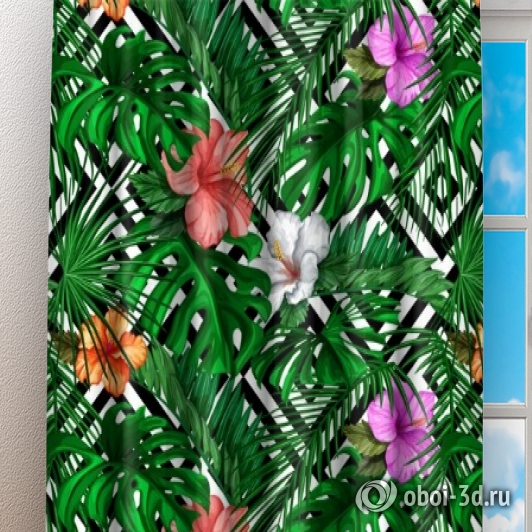 картинка Фотошторы «Листья папоротника с цветами» | интернет-магазин фотообоев ARTDECO
