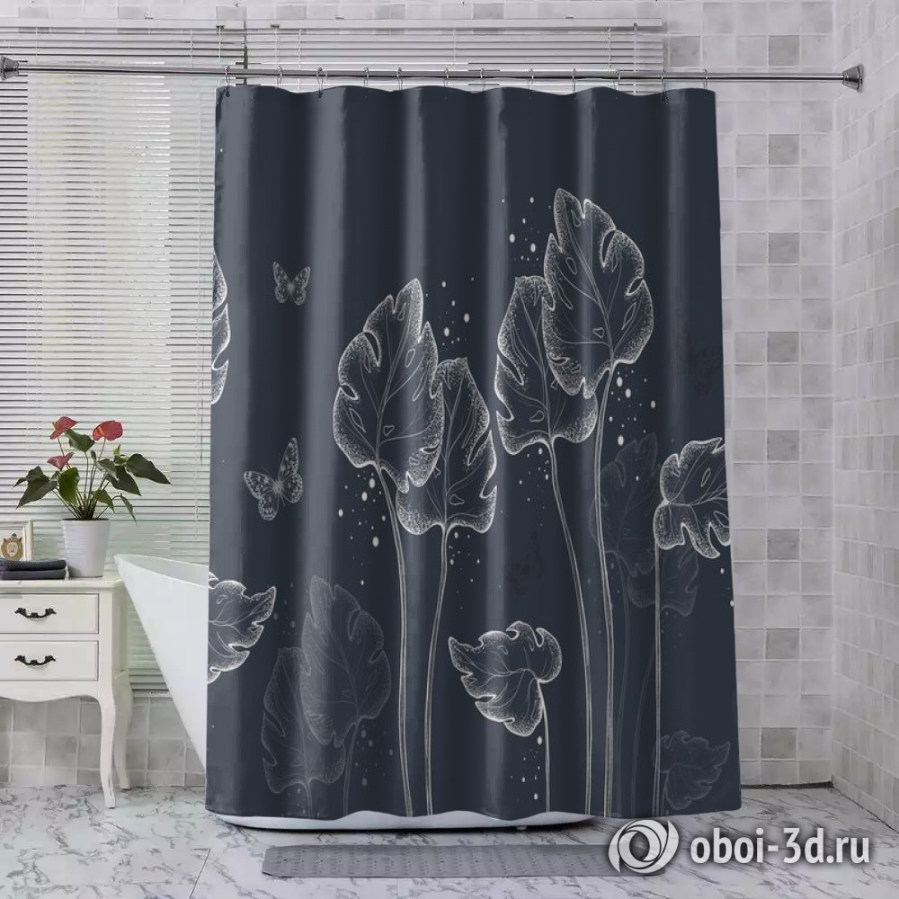 картинка Шторы для ванной «Бабочки в листьях. Холодная ночь» | интернет-магазин фотообоев ARTDECO