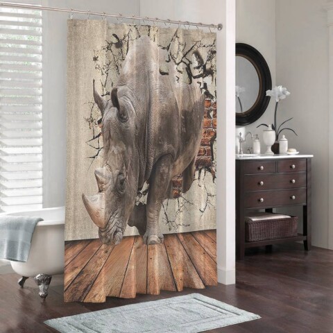 картинка 3D шторка для ванной «Носорог сквозь стену» | интернет-магазин фотообоев ARTDECO