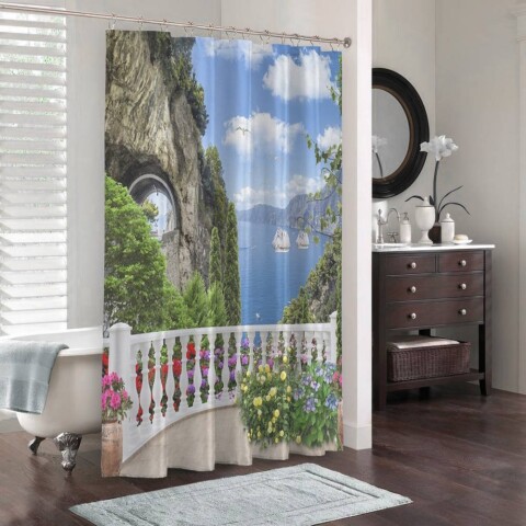 картинка 3D штора для ванны «Античный балкон с видом на парусники в заливе» | интернет-магазин фотообоев ARTDECO