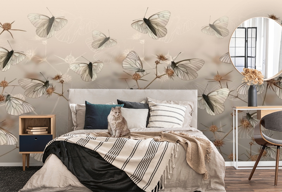 картинка 3D Фотообои «Воображение с бабочками в бежевых тонах» | интернет-магазин фотообоев ARTDECO