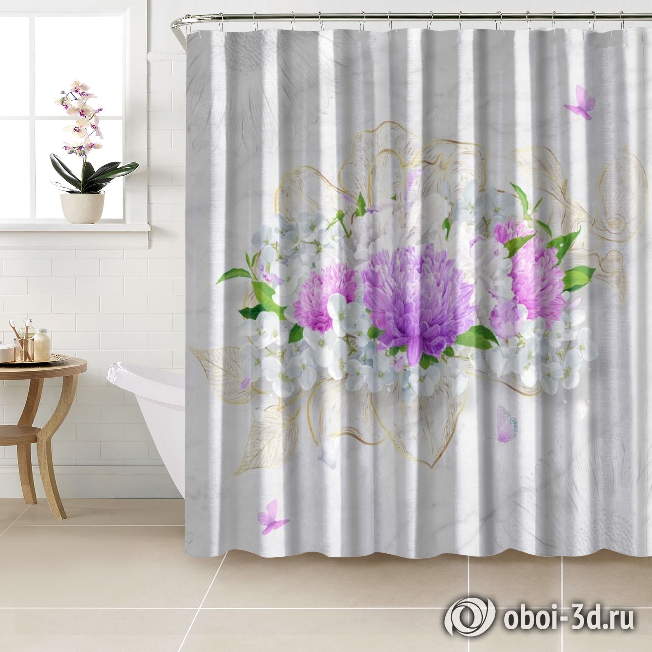 картинка Шторы для ванной «Бабочки над букетом хризантем» | интернет-магазин фотообоев ARTDECO
