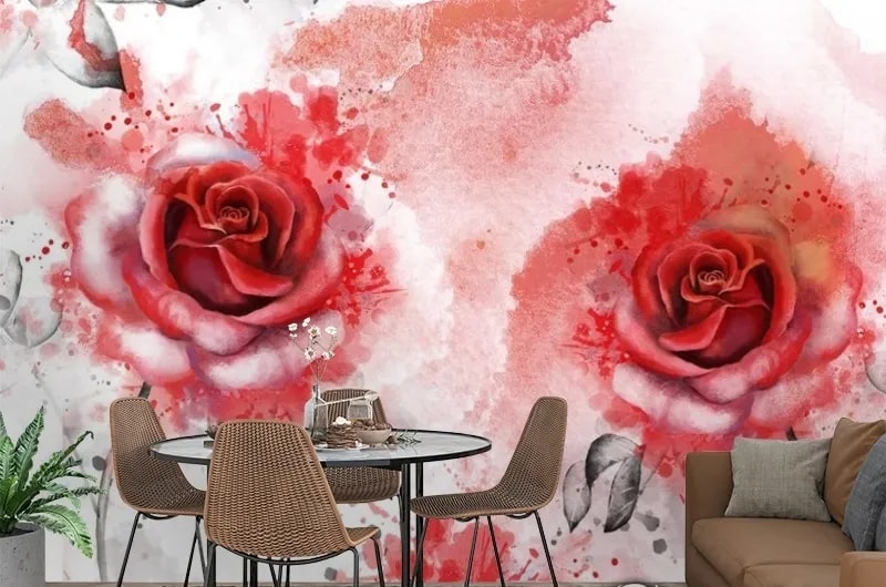 картинка 3D Фотообои «Алые розы в акварельной дымке» | интернет-магазин фотообоев ARTDECO