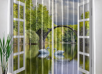 Фотошторы «Вид на озеро с лебедями»