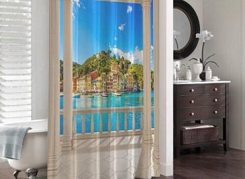 3D штора в ванную комнату «Балкон с видом на средиземноморский город»